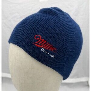 Miller Good Call Beer Beanie Hat Navy Blue Embroidered Knit Cap Brewery Promo